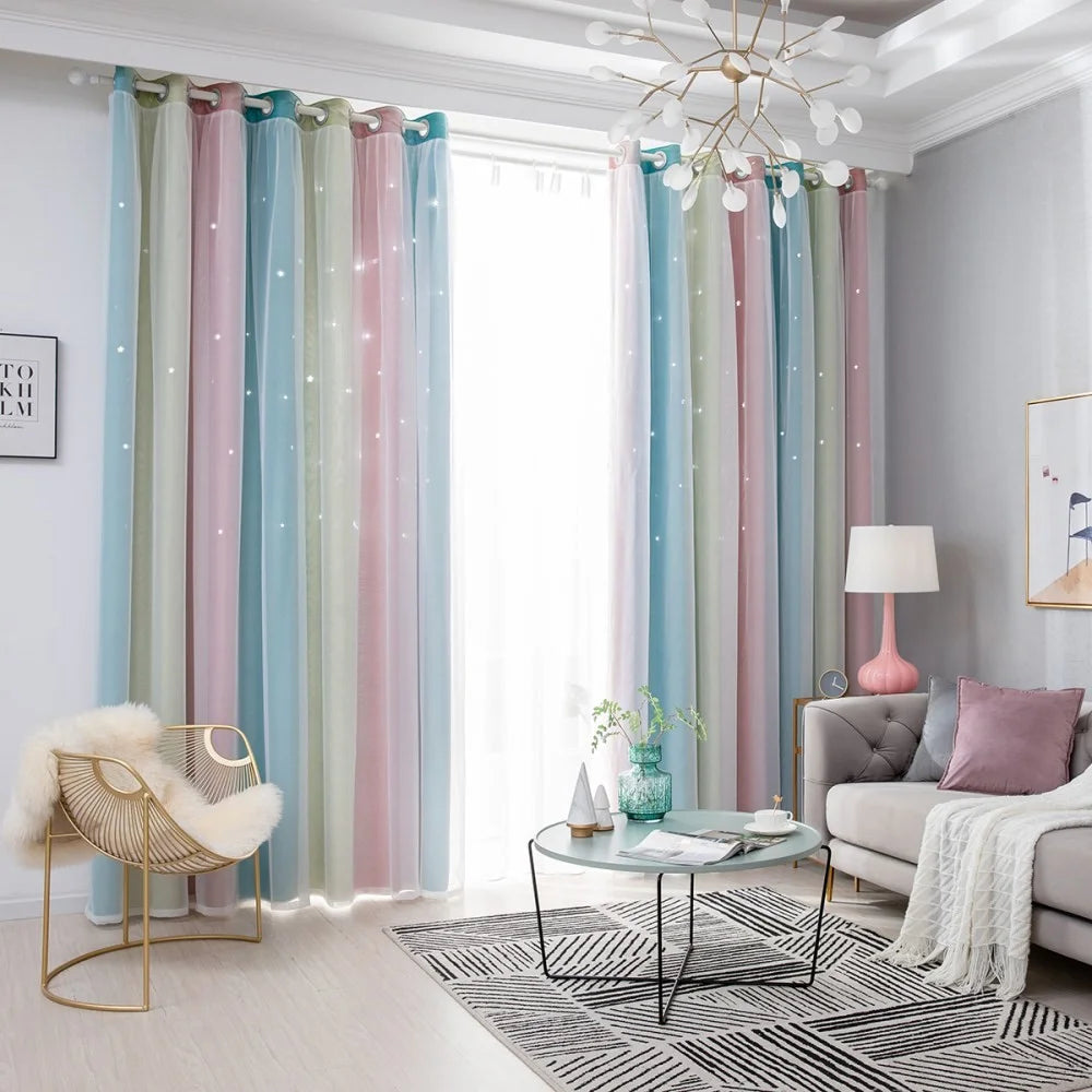 1Pc 132 x 210cm Double Layer Curtain Gradient Star Cutout Blackout Curtain Heat Insulating for Bedroom Living Room - Pink - 4