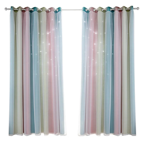 1Pc 132 x 240cm Double Layer Blackout Curtain Hollow-Out Star Gradient Curtain for Bedroom Living Room - Pink - 1