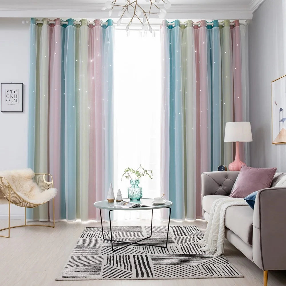 1Pc 132 x 240cm Double Layer Blackout Curtain Hollow-Out Star Gradient Curtain for Bedroom Living Room - Pink - 5