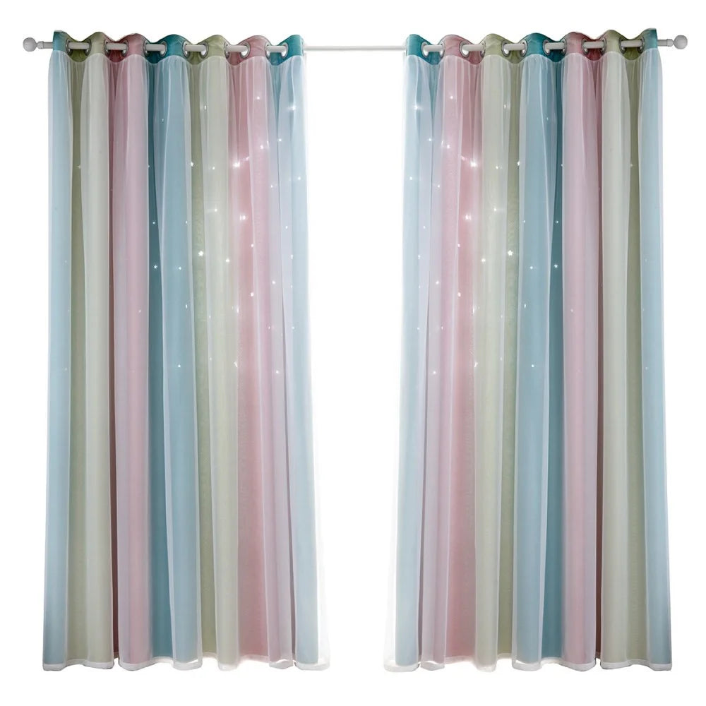 1Pc 132 x 270cm Double Layer Blackout Curtain Hollow-Out Star Gradient Curtain for Bedroom Living Room - Pink - 1