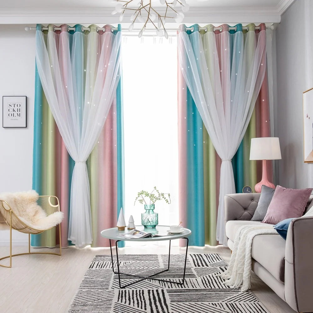 1Pc 132 x 270cm Double Layer Blackout Curtain Hollow-Out Star Gradient Curtain for Bedroom Living Room - Pink - 3