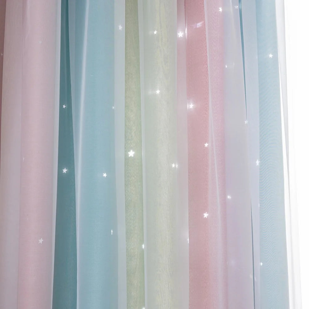 1Pc 132 x 270cm Double Layer Blackout Curtain Hollow-Out Star Gradient Curtain for Bedroom Living Room - Pink - 7