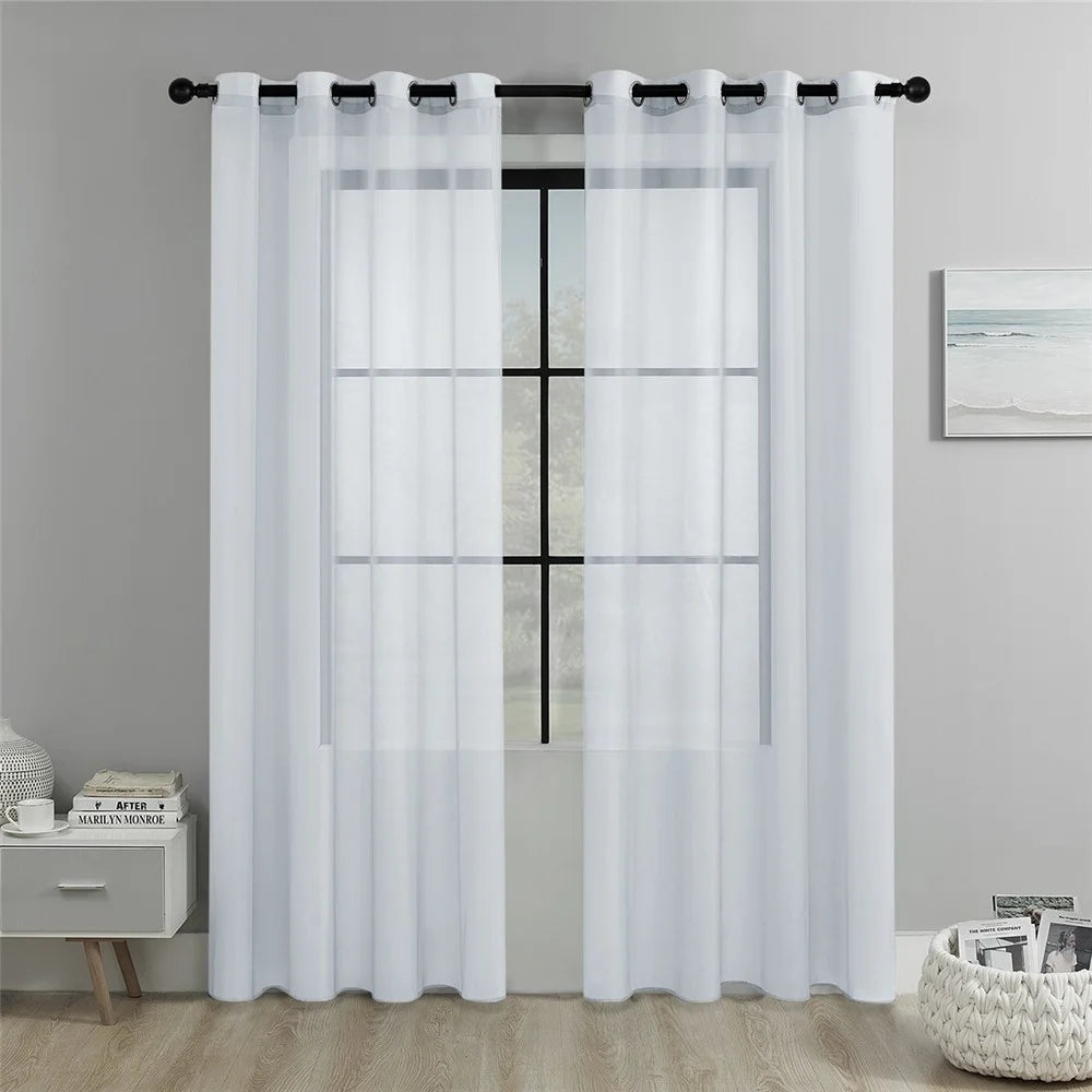 2Pcs 100 x 200cm Semi Sheer Curtain Eyelet Top Solid Color Curtain for Living Room Balcony Window - White - 1