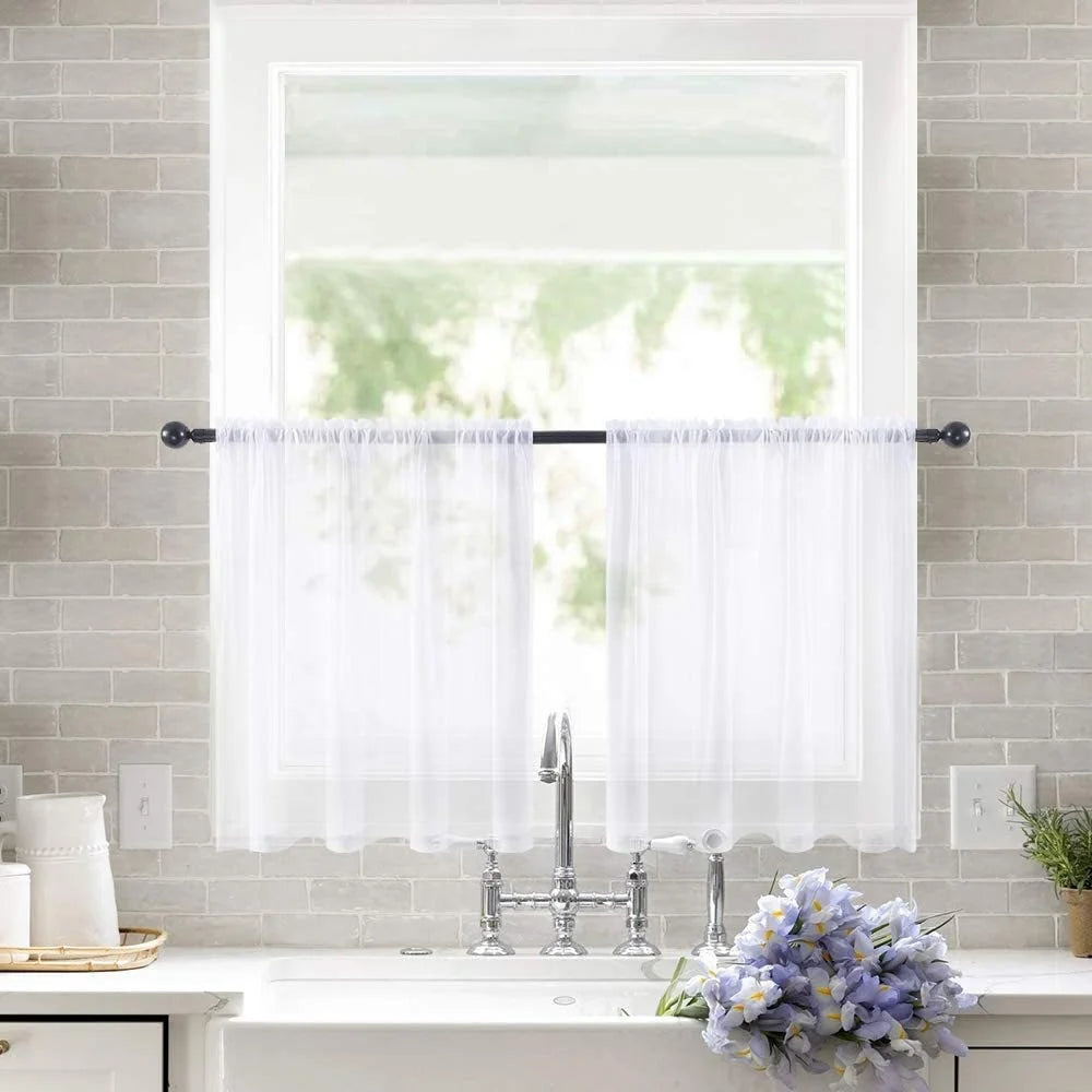 2Pcs 76 x 60cm Solid Color Short Curtains Semi Sheer Gauze Curtains for Kitchen Bedroom Living Room - White - 2
