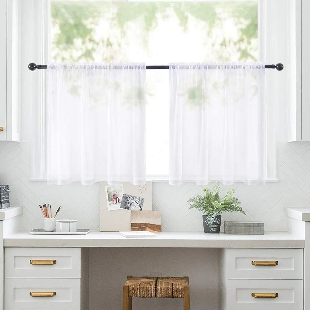 2Pcs 76 x 92cm Solid Color Short Curtains Semi Sheer Gauze Curtains for Kitchen Bedroom Living Room - White - 1