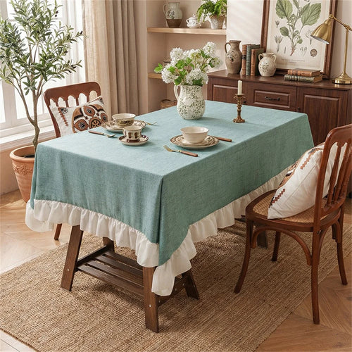 140 x 180cm Cotton Linen Tablecloth Ruffle Thick Table Cloth Cover for Wedding Party Dining Banquet - Green - 1