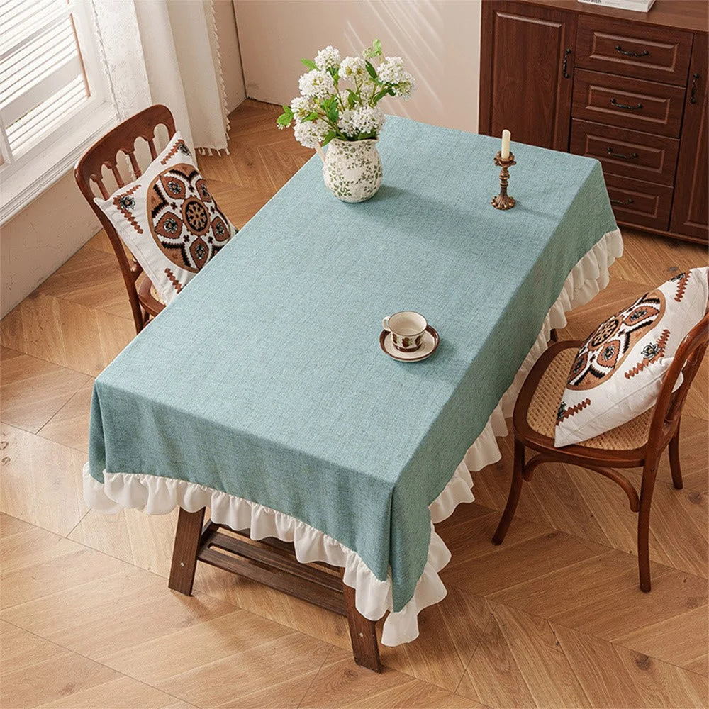 140 x 180cm Cotton Linen Tablecloth Ruffle Thick Table Cloth Cover for Wedding Party Dining Banquet - Green - 5