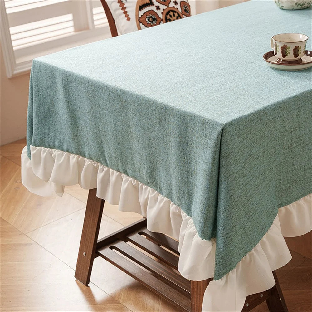 140 x 200cm Cotton Linen Tablecloth Ruffle Thick Table Cloth Cover for Wedding Party Dining Banquet - Green - 2
