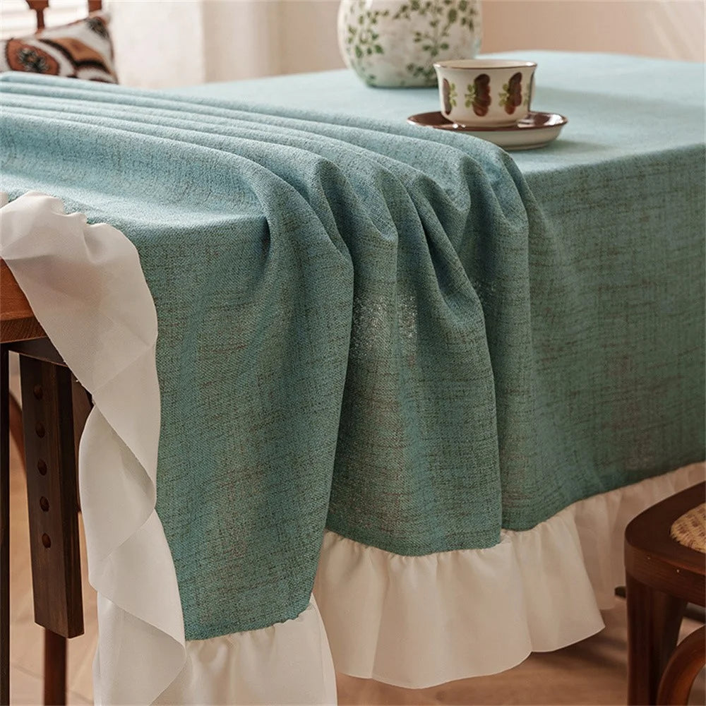 140 x 200cm Cotton Linen Tablecloth Ruffle Thick Table Cloth Cover for Wedding Party Dining Banquet - Green - 4