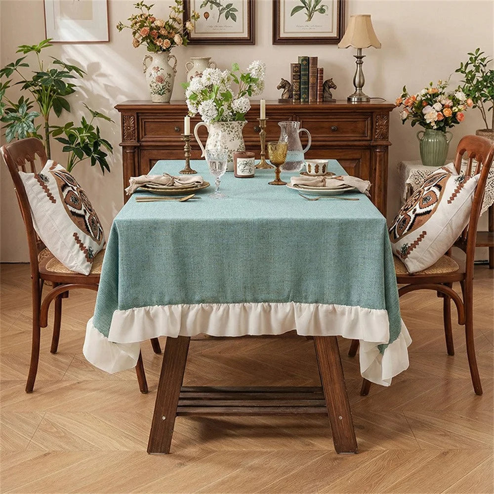 140 x 230cm Cotton Linen Tablecloth Ruffle Thick Table Cloth Cover for Wedding Party Dining Banquet - Green - 3