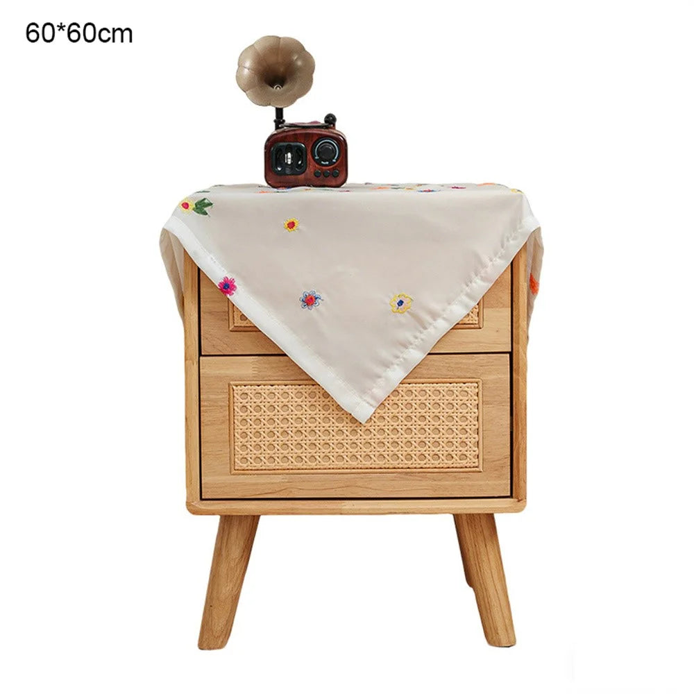 60 x 60cm Bedside Table Cloth Floral Embroidered Dust Cover for Printer Microwave Fridge - White - 1