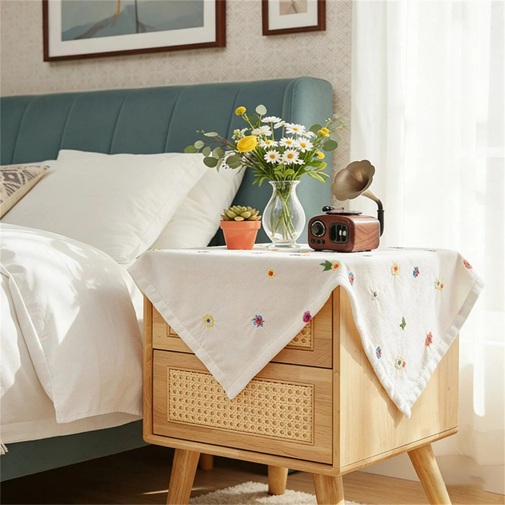 60 x 60cm Bedside Table Cloth Floral Embroidered Dust Cover for Printer Microwave Fridge - White - 3