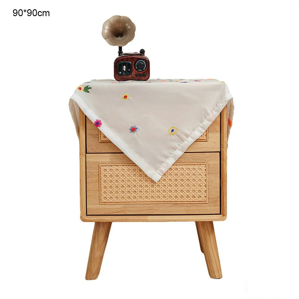 90 x 90cm Bedside Table Cloth Floral Embroidered Dust Cover for Printer Microwave Fridge - White - 1