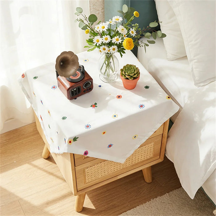 90 x 90cm Bedside Table Cloth Floral Embroidered Dust Cover for Printer Microwave Fridge - White - 2