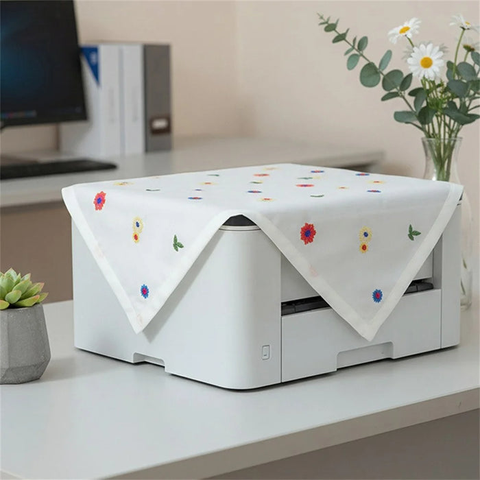 90 x 90cm Bedside Table Cloth Floral Embroidered Dust Cover for Printer Microwave Fridge - White - 4