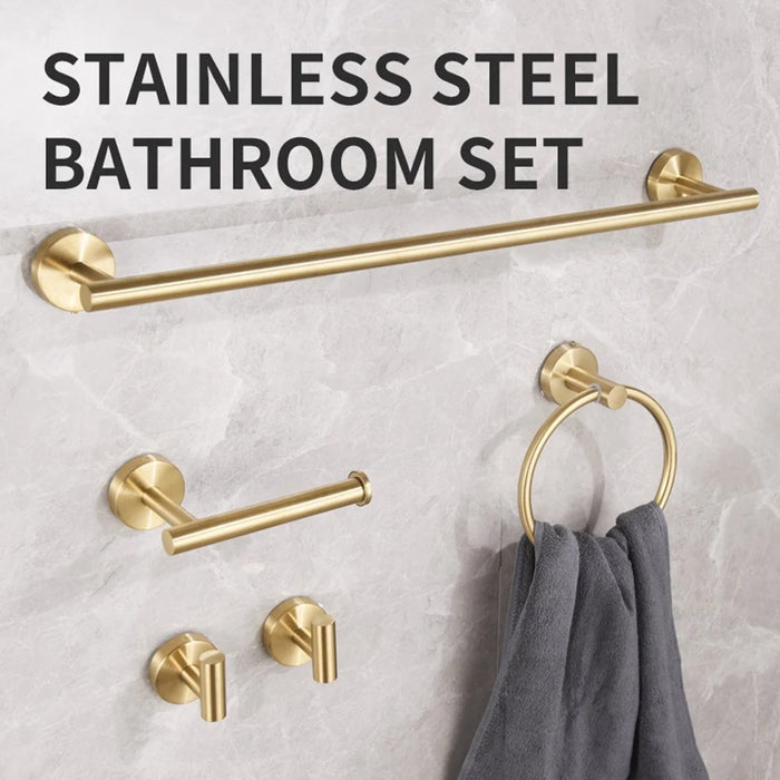 5Pcs Bathroom Hardware Set Stainless Steel Towel Bar Tissue Holder Wall Mounted Storage Hook - Gold - 2