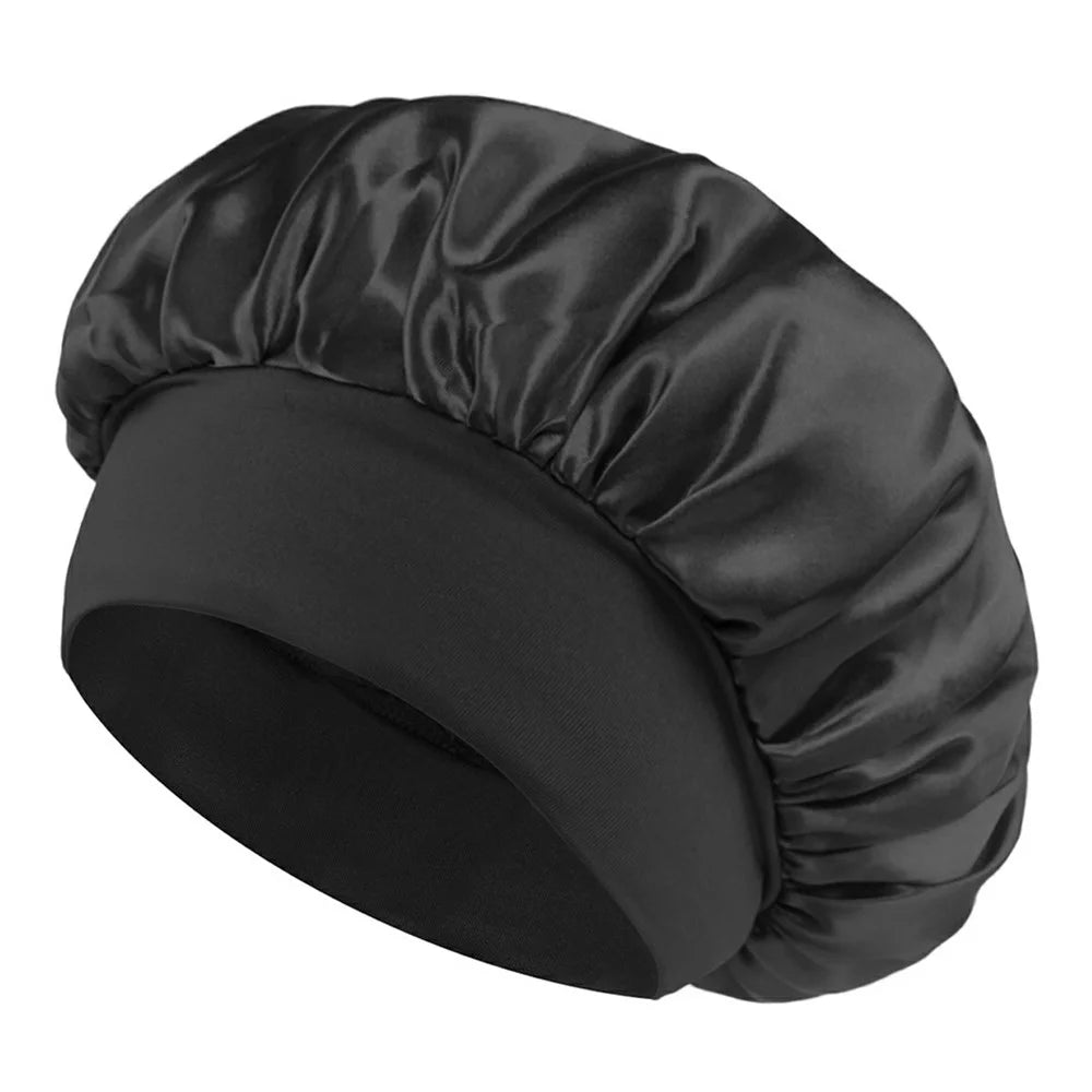 Wide Brim Elastic Sleep Cap for Women Satin Hair Bonnet Protective Headwear Soft Silky Night Sleeping Hat - Black - 1
