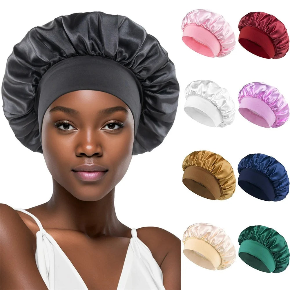 Wide Brim Elastic Sleep Cap for Women Satin Hair Bonnet Protective Headwear Soft Silky Night Sleeping Hat - Black - 2