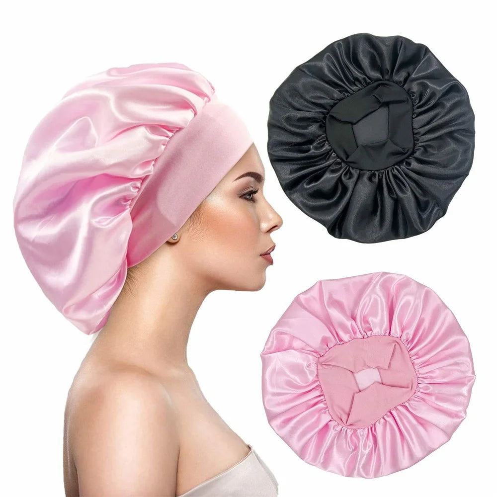 Wide Brim Elastic Sleep Cap for Women Satin Hair Bonnet Protective Headwear Soft Silky Night Sleeping Hat - Black - 3