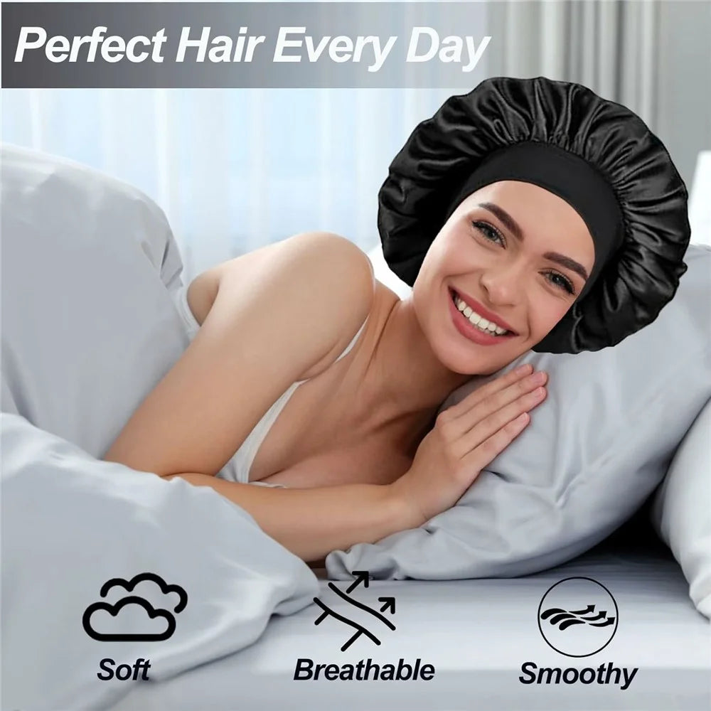 Wide Brim Elastic Sleep Cap for Women Satin Hair Bonnet Protective Headwear Soft Silky Night Sleeping Hat - Black - 4