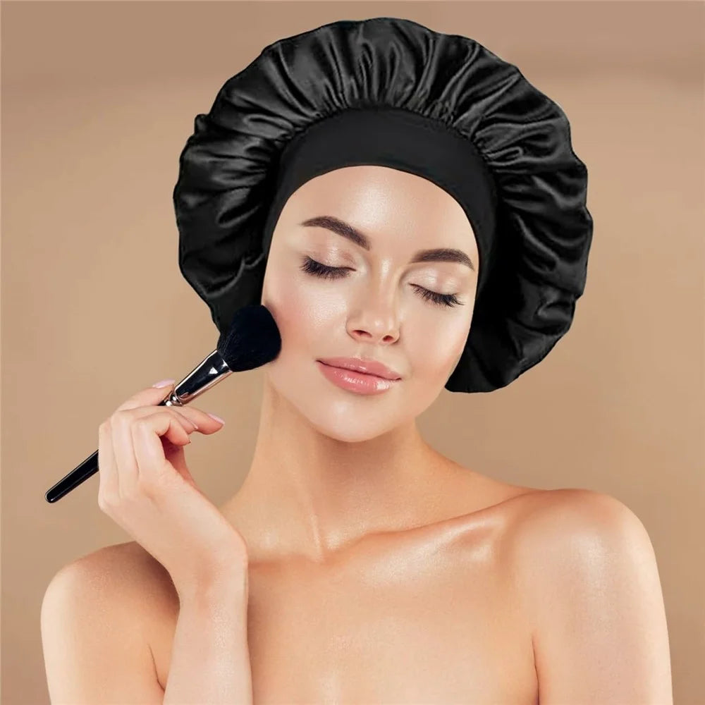 Wide Brim Elastic Sleep Cap for Women Satin Hair Bonnet Protective Headwear Soft Silky Night Sleeping Hat - Black - 6