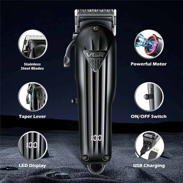 VGR V-282 Professional Hair Clipper USB Rechargeable Cordless Electric Hair Trimmer with Digital Display - Black - 2