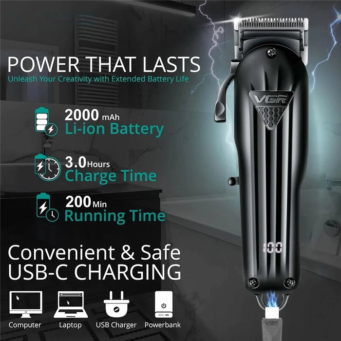 VGR V-282 Professional Hair Clipper USB Rechargeable Cordless Electric Hair Trimmer with Digital Display - Black - 6