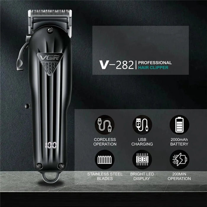 VGR V-282 Professional Hair Clipper USB Rechargeable Cordless Electric Hair Trimmer with Digital Display - Black - 7