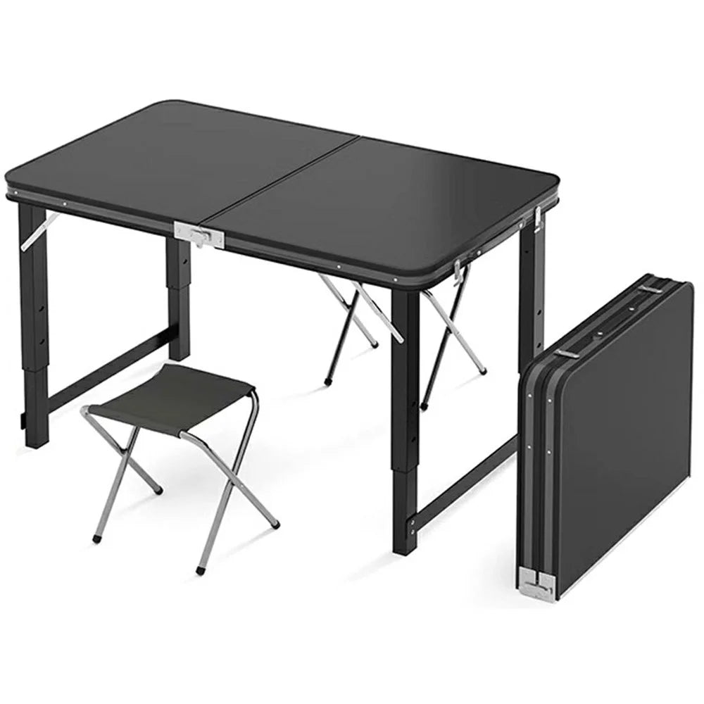 100 x 50cm Foldable Outdoor Table with 2 Folding Stools  , Height Adjustable Rectangular Camping Picnic Table - Black - 1