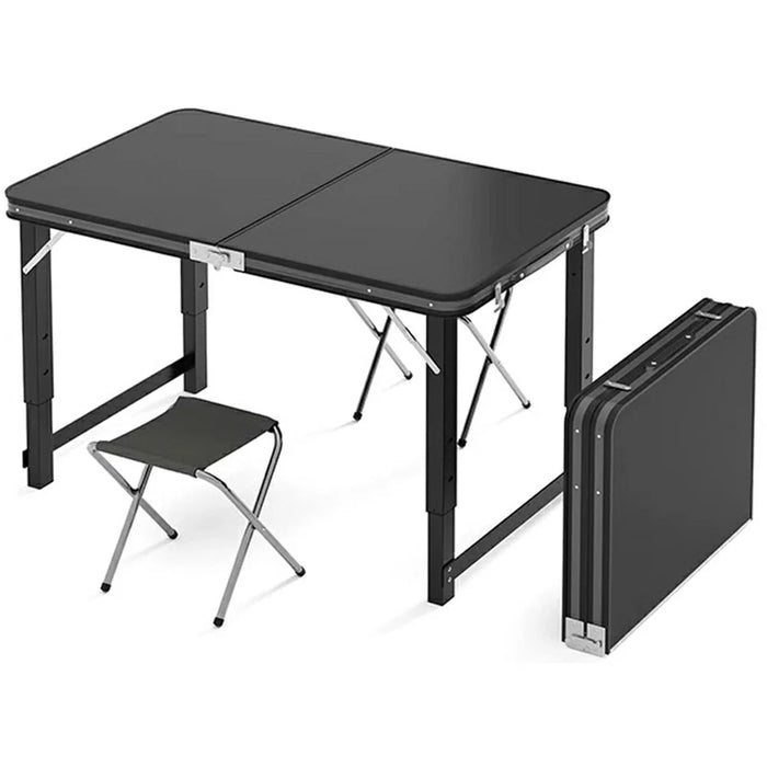 100 x 50cm Foldable Outdoor Table with 2 Folding Stools  , Height Adjustable Rectangular Camping Picnic Table - Black - 1
