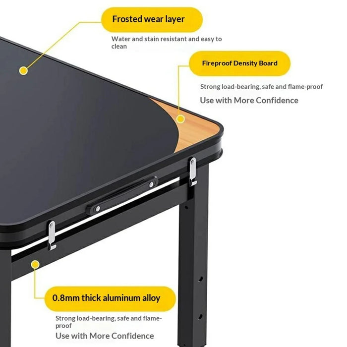 100 x 50cm Foldable Outdoor Table with 2 Folding Stools  , Height Adjustable Rectangular Camping Picnic Table - Black - 3