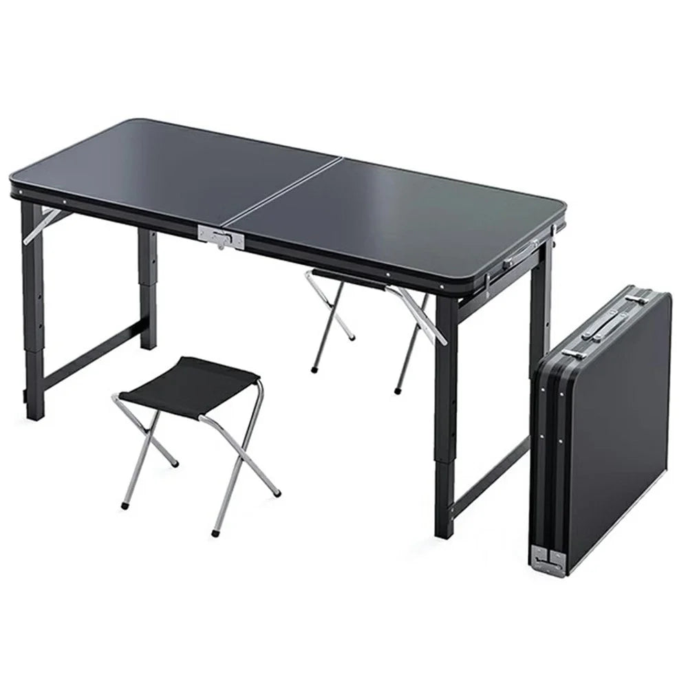 120 x 60cm Camping Table with 2 Stools , Outdoor Portable Height Adjustable Foldable Table - Black - 1