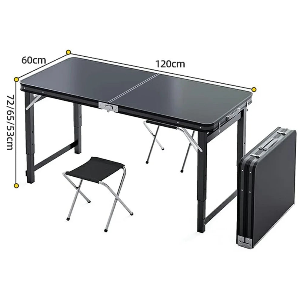 120 x 60cm Camping Table with 2 Stools , Outdoor Portable Height Adjustable Foldable Table - Black - 6