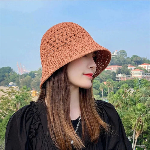 Summer Hollow Out Crochet Bucket Hat for Women Solid Color Breathable Fisherman Cap - Caramel - 1