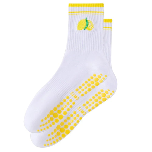 Lemon Embroidery Women Mid Calf Grip Socks Anti Slip Yoga Socks for Pilates Dance Fitness Sports - Flat Cuff - 1