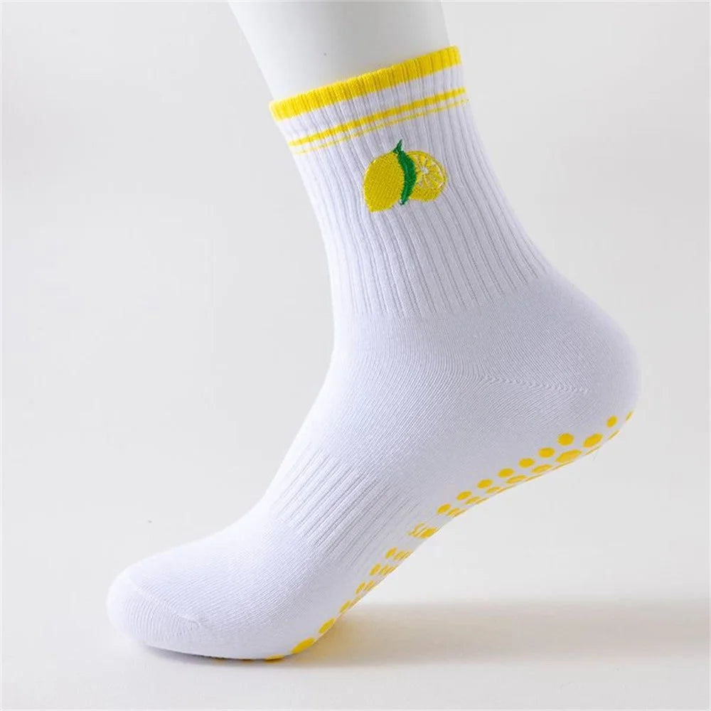 Lemon Embroidery Women Mid Calf Grip Socks Anti Slip Yoga Socks for Pilates Dance Fitness Sports - Flat Cuff - 2