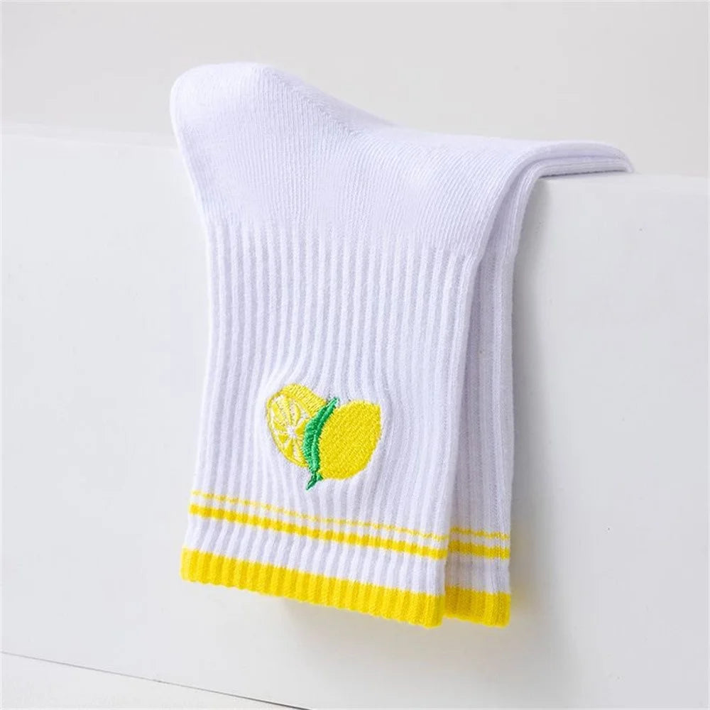 Lemon Embroidery Women Mid Calf Grip Socks Anti Slip Yoga Socks for Pilates Dance Fitness Sports - Flat Cuff - 3