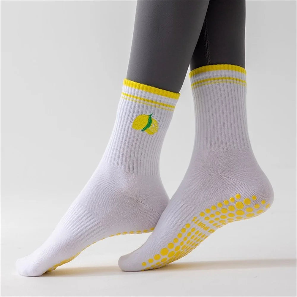 Lemon Embroidery Women Mid Calf Grip Socks Anti Slip Yoga Socks for Pilates Dance Fitness Sports - Flat Cuff - 5