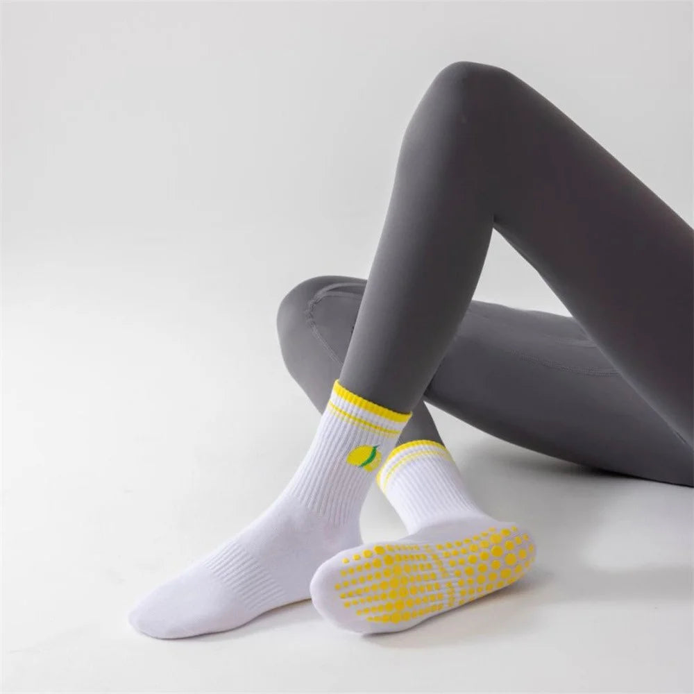 Lemon Embroidery Women Mid Calf Grip Socks Anti Slip Yoga Socks for Pilates Dance Fitness Sports - Flat Cuff - 6