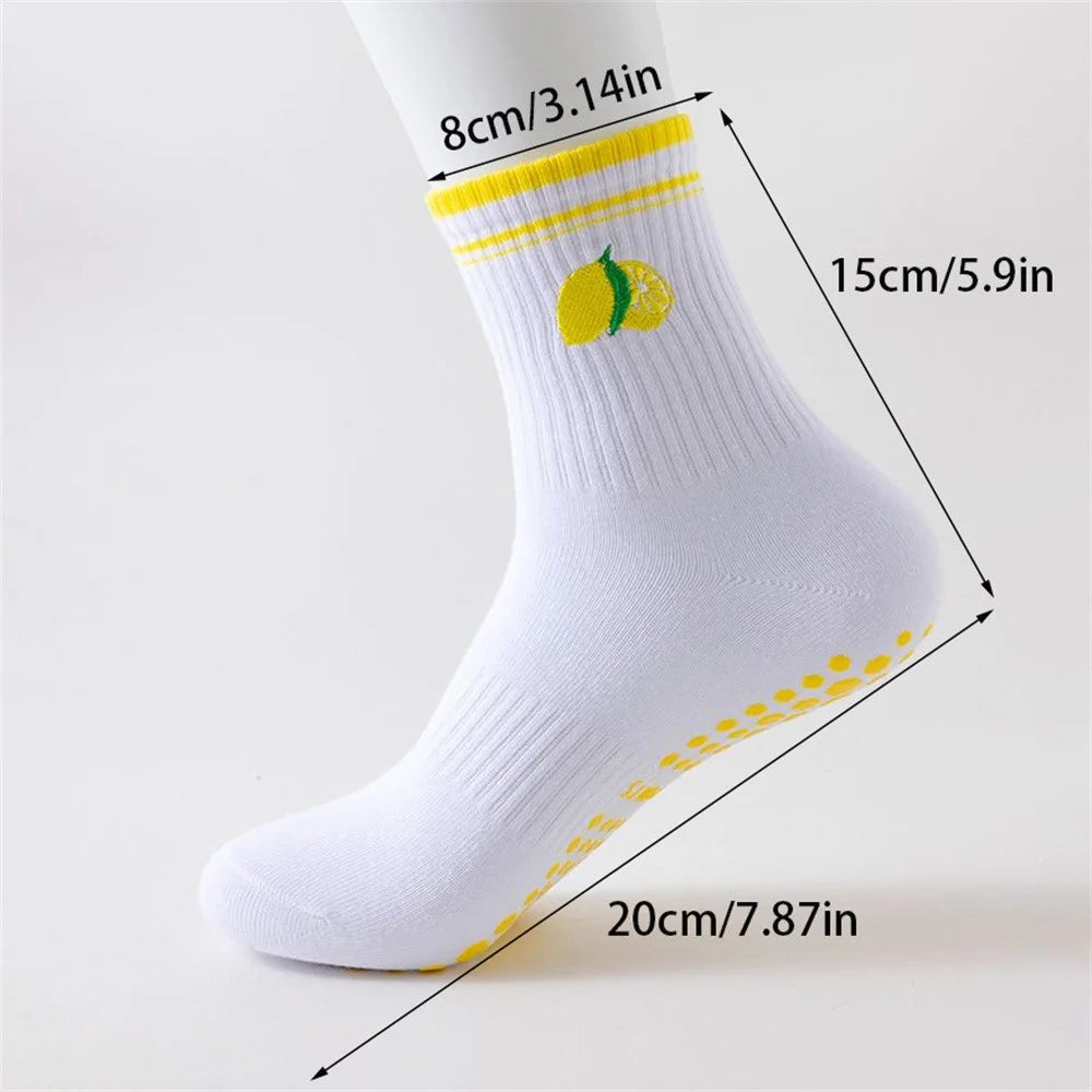 Lemon Embroidery Women Mid Calf Grip Socks Anti Slip Yoga Socks for Pilates Dance Fitness Sports - Flat Cuff - 7