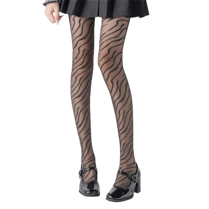 Women Zebra Pattern Pantyhose Silver Thread Jacquard Tights Elastic Hosiery Stockings - 1