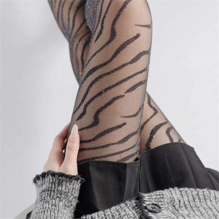 Women Zebra Pattern Pantyhose Silver Thread Jacquard Tights Elastic Hosiery Stockings - 6