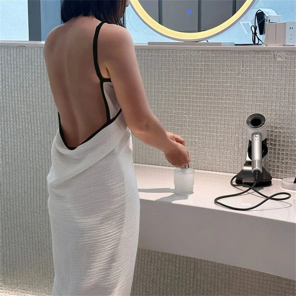 Women Cotton Bathrobe Dress Backless Strap Towel Wrap Quick Dry Absorbent Spa Bath Robe Pure Cotton Shower Towel - Black - 4