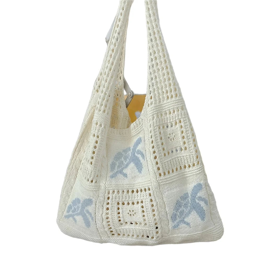 Knit Tote Bag Hollow Out Crochet Pattern Turtle Shoulder Handbag Shopping Beach Bag for Women - Baby Blue - 1