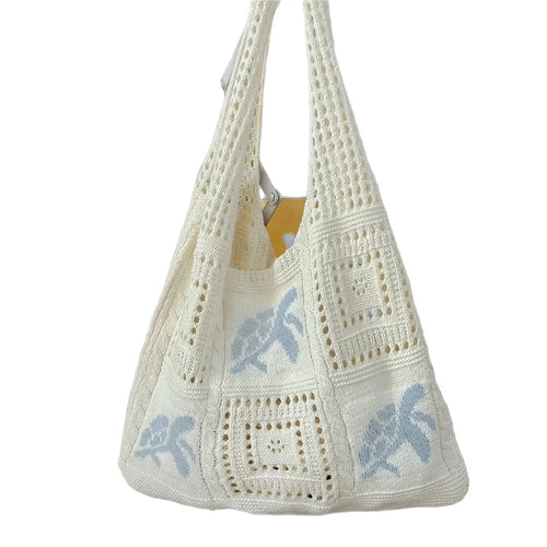 Knit Tote Bag Hollow Out Crochet Pattern Turtle Shoulder Handbag Shopping Beach Bag for Women - Baby Blue - 1