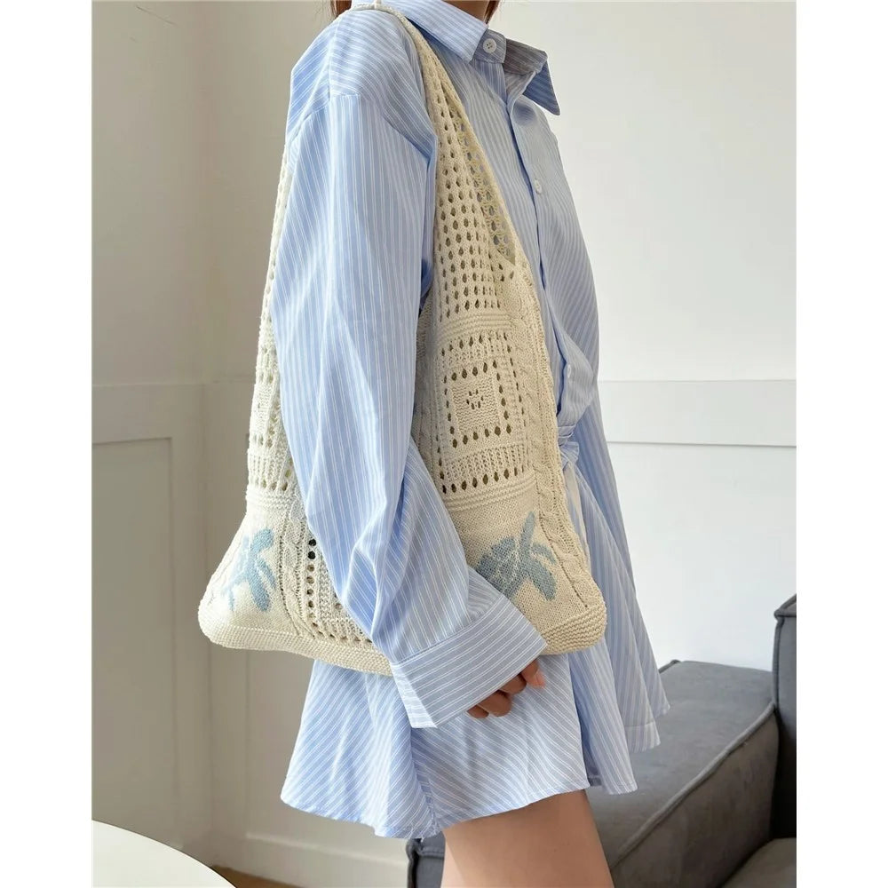 Knit Tote Bag Hollow Out Crochet Pattern Turtle Shoulder Handbag Shopping Beach Bag for Women - Baby Blue - 2