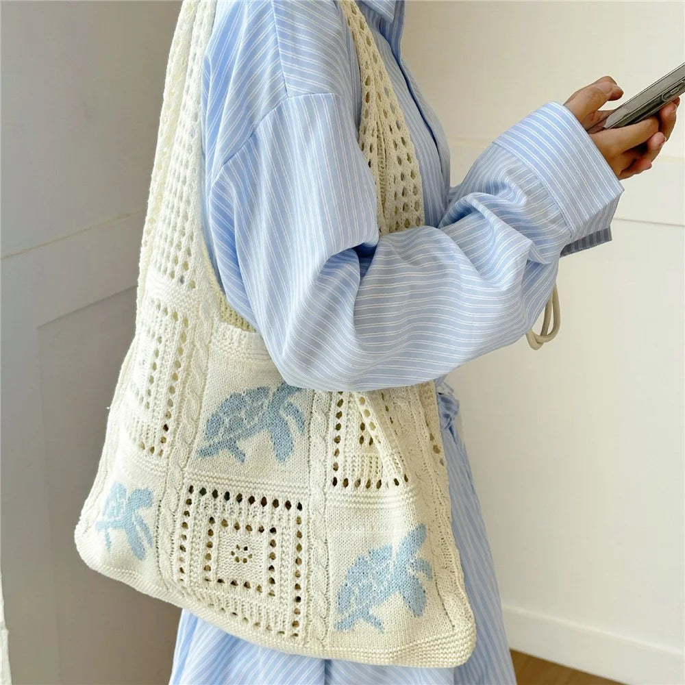 Knit Tote Bag Hollow Out Crochet Pattern Turtle Shoulder Handbag Shopping Beach Bag for Women - Baby Blue - 3