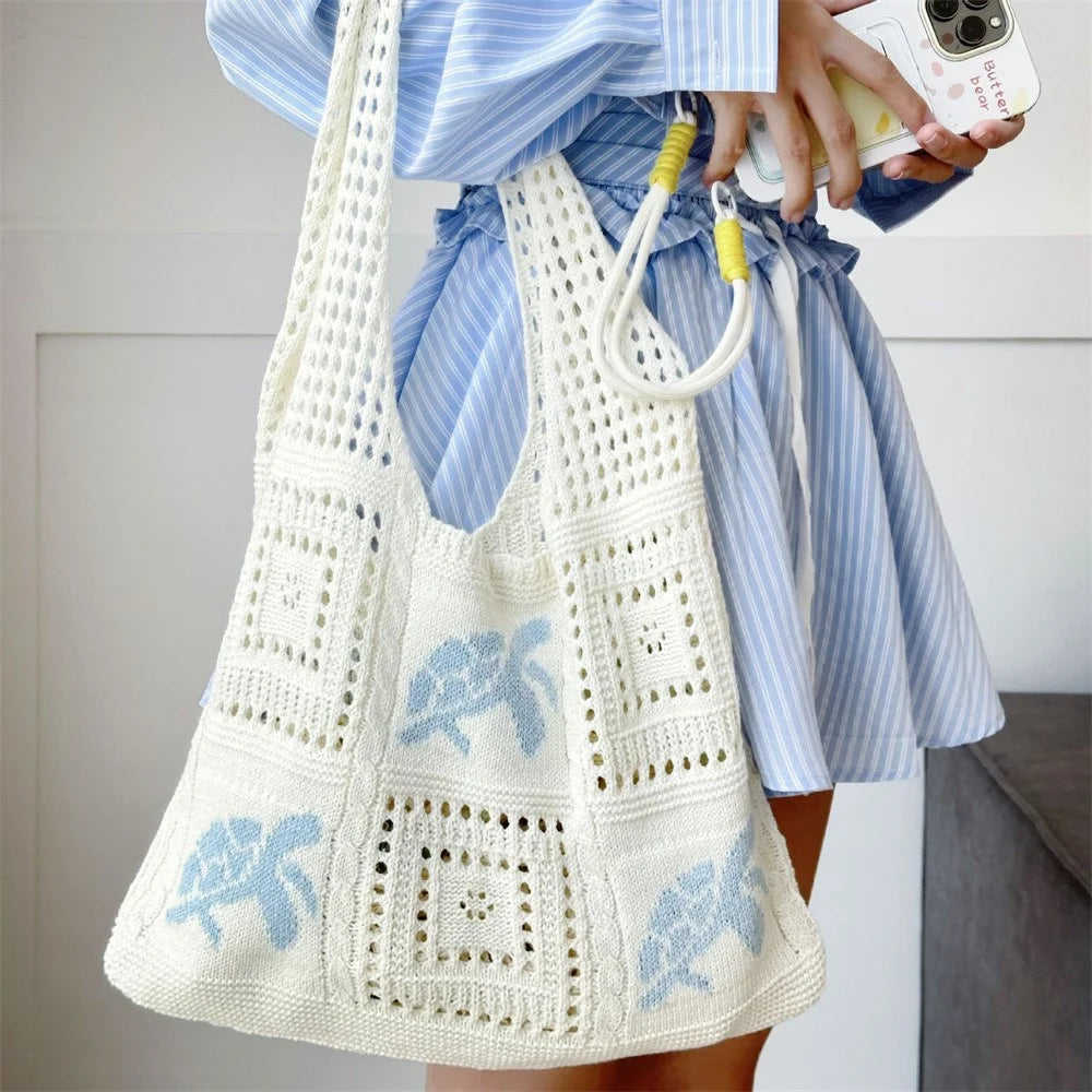 Knit Tote Bag Hollow Out Crochet Pattern Turtle Shoulder Handbag Shopping Beach Bag for Women - Baby Blue - 4