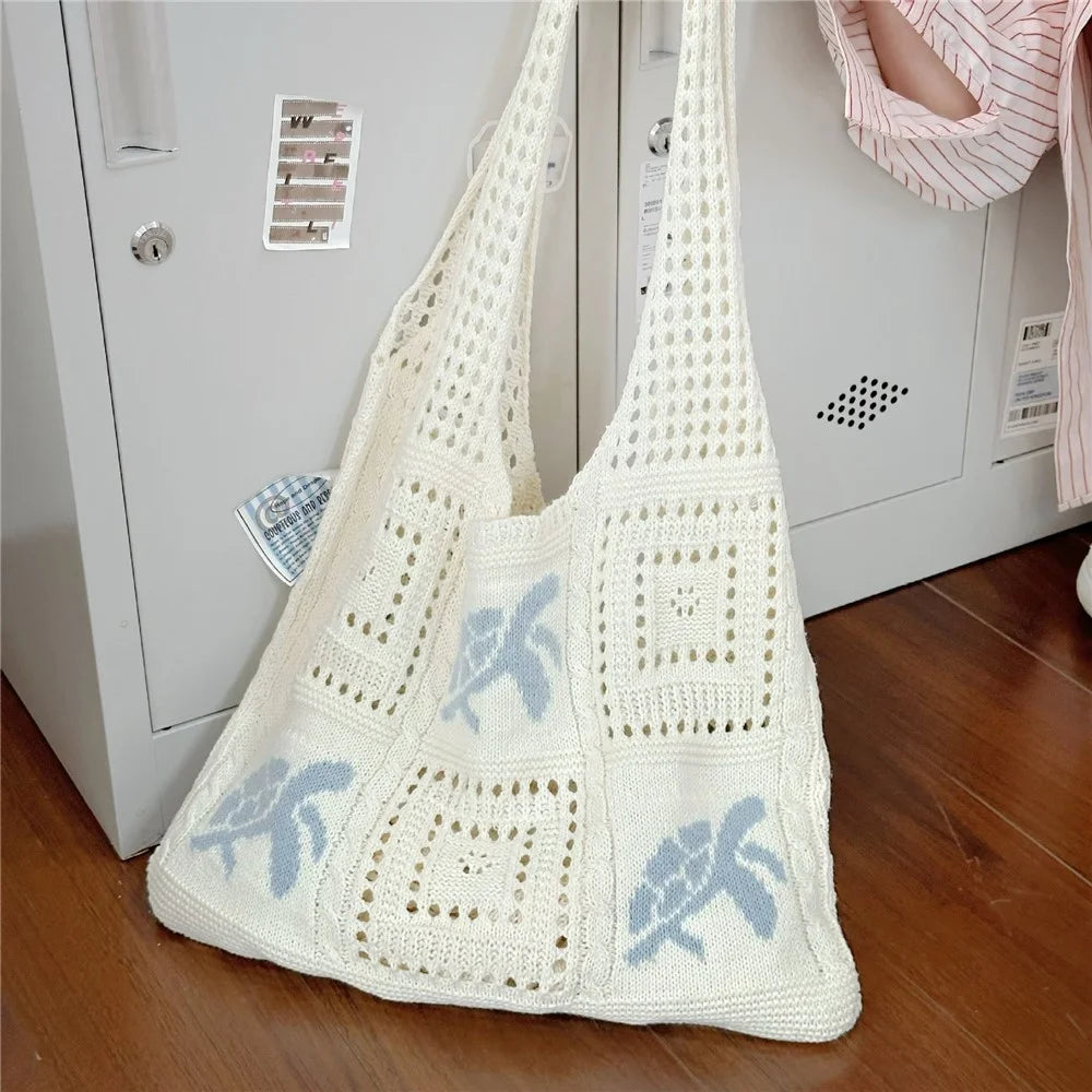 Knit Tote Bag Hollow Out Crochet Pattern Turtle Shoulder Handbag Shopping Beach Bag for Women - Baby Blue - 5