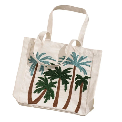 Summer Ocean Canvas Bag Embroidered Shoulder Tote Bag Tropical Beach Handbag - Coconut - 1